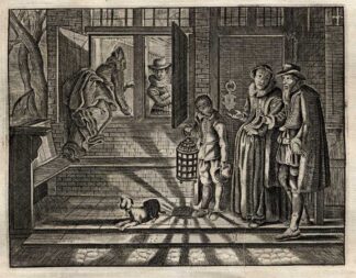 Antique Satire Print-WIFE-HUSBAND-QUARREL-Cats-1655