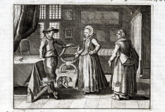Antique Satire Print-WOMAN-CLOTHES-SPENDING-Cats-1655