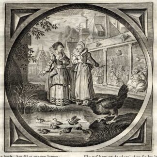 Antique Satire Print-MOTHER-INSTINCT-CHICKEN-Cats-1655