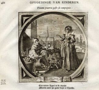 Antique Satire Print-CHILDREN-ROTTEN APPLE-Cats-1655