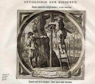 Antique Satire Print-RAISING CHILDREN-TREE-Cats-1655