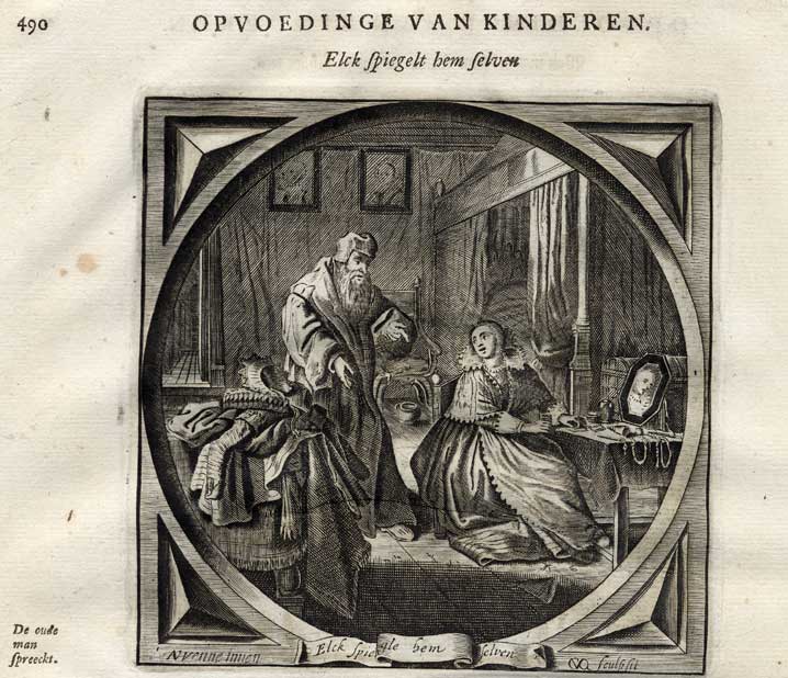 Cats20159 416x358 Antique Print-Emblem-Satirical-Proverb-MIRROR-LOOKS-CHARACTER-Venne-Cats-1655