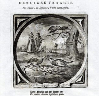 Antique Print-Emblem-Satirical-Proverb-LOVE-DUEL-VIRGIN-SPARROW-Venne-Cats-1655