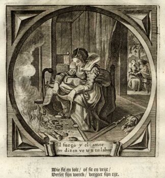 Antique Print-Emblem-Satirical-Proverb-LOVE-FIRE-WORK-FORSAKE-Venne-Cats-1655