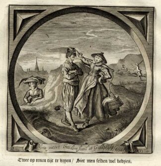 Antique Print-Emblem-Satirical-Proverb-MAN COURTING TWO WOMEN-Venne-Cats-1655