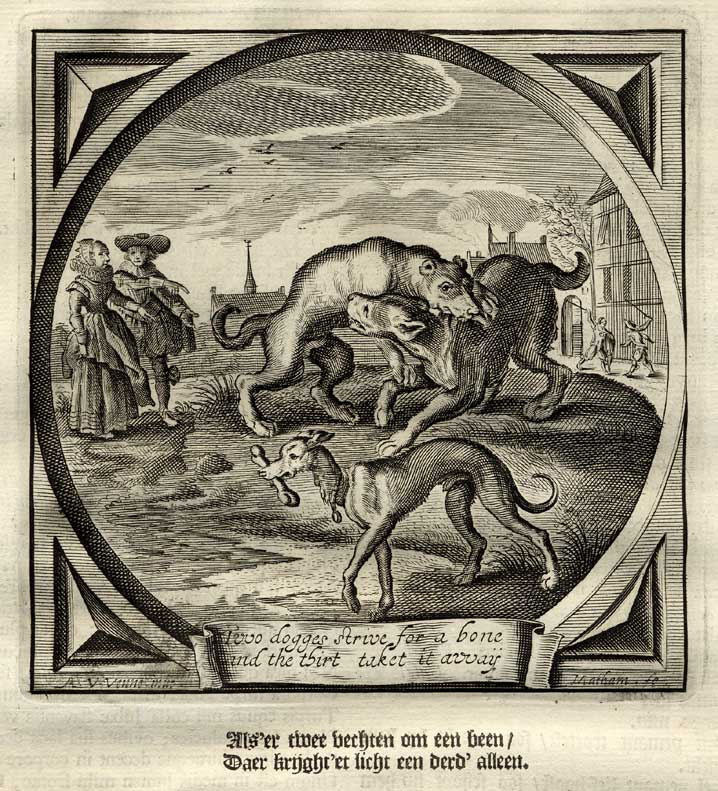 , Antique Print-Emblem-Satirical-Proverb-MAN-WOMAN-DOG-BONE-FIGHT-Venne-Cats-1655, Pictura Antique Prints