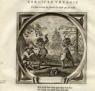 Antique Print-Emblem-Satirical-Proverb-MAN-WOMAN-EFFORT-HARE-Venne-Cats-1655