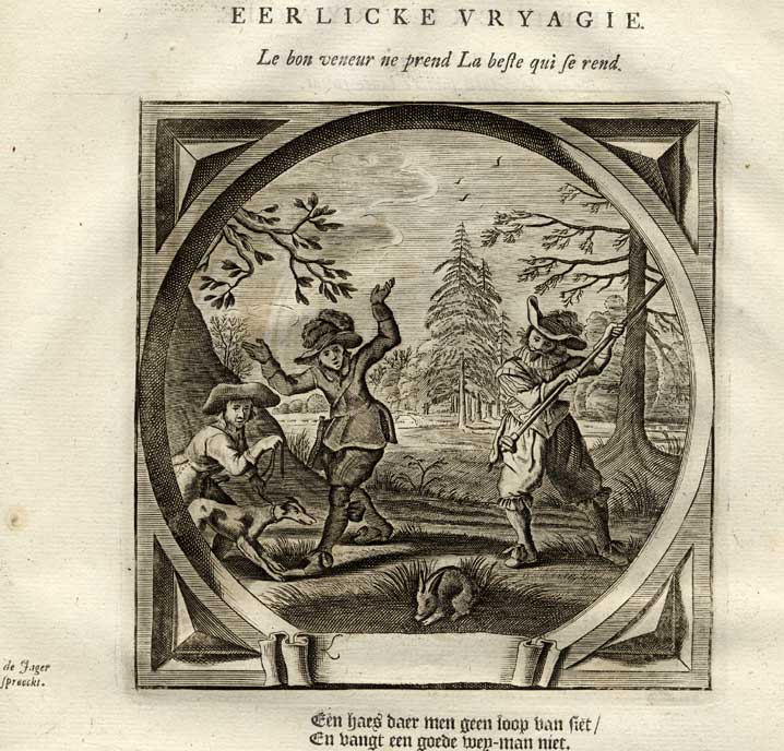 , Antique Print-Emblem-Satirical-Proverb-MAN-WOMAN-EFFORT-HARE-Venne-Cats-1655, Pictura Antique Prints