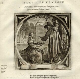 Antique Print-Emblem-Satirical-Proverb-MAN-WOMAN-EFFORT-FRUIT-Venne-Cats-1655