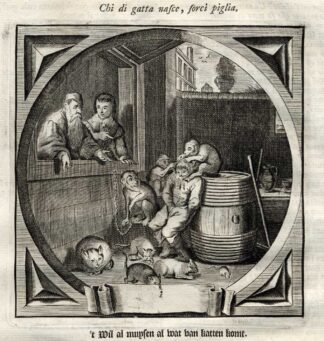 Antique Print-Emblem-Satirical-Proverb-PARENTS-BLOOD-HABITS-Venne-Cats-1655