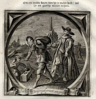 Antique Print-Emblem-Satirical-Proverb-MAN-WOMAN-LOVE-MILL-Venne-Cats-1655