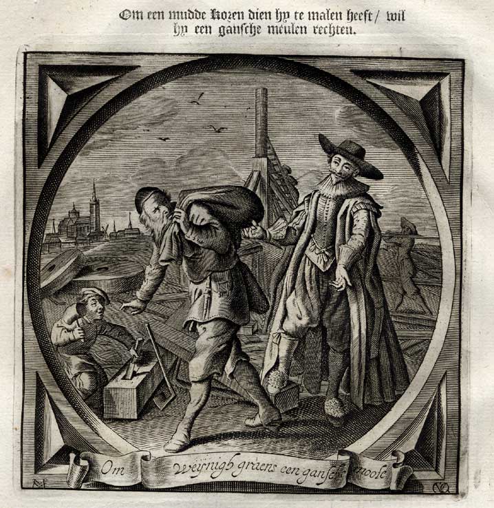 , Antique Print-Emblem-Satirical-Proverb-MAN-WOMAN-LOVE-MILL-Venne-Cats-1655, Pictura Antique Prints
