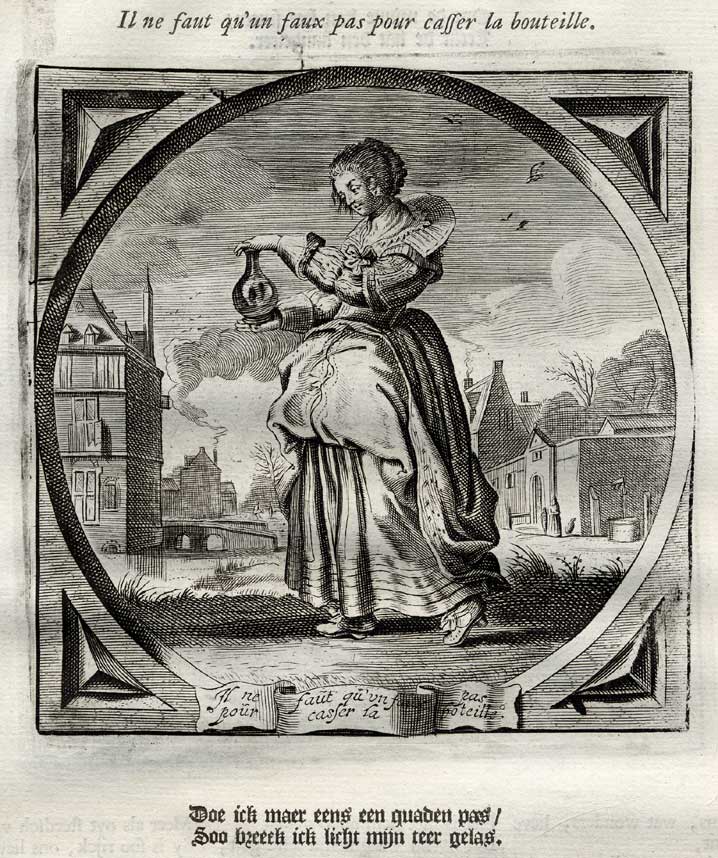 , Antique Print-Emblem-Satirical-Proverb-BOTTLE-VIRGIN-VIRGINITY-Venne-Cats-1655, Pictura Antique Prints