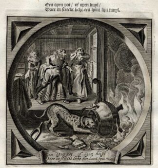 Antique Print-Emblem-Satirical-Proverb-VIRGIN-DOG-POT-Venne-Cats-1655