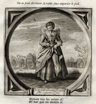 Antique Print-Emblem-Satirical-Proverb-WOMAN-VIRGIN-DRESS-STAIN-Venne-Cats-1655