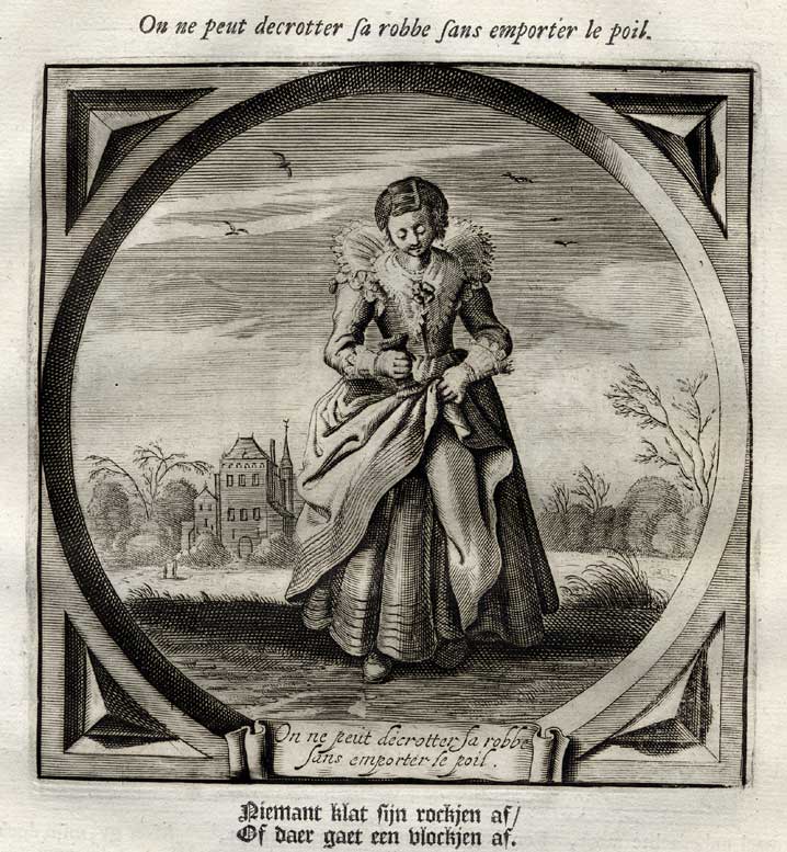 , Antique Print-Emblem-Satirical-Proverb-WOMAN-VIRGIN-DRESS-STAIN-Venne-Cats-1655, Pictura Antique Prints