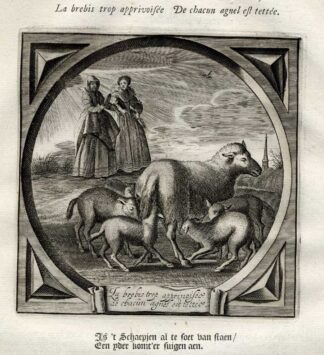 Antique Print-Emblem-Satirical-Proverb-VIRGIN-COMPLIANCE-SHEEP-Venne-Cats-1655