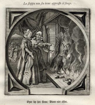 Antique Print-Satirical-Proverb-VIRGIN-FRIVOLITY-FIRE-STRAW-Venne-Cats-1655