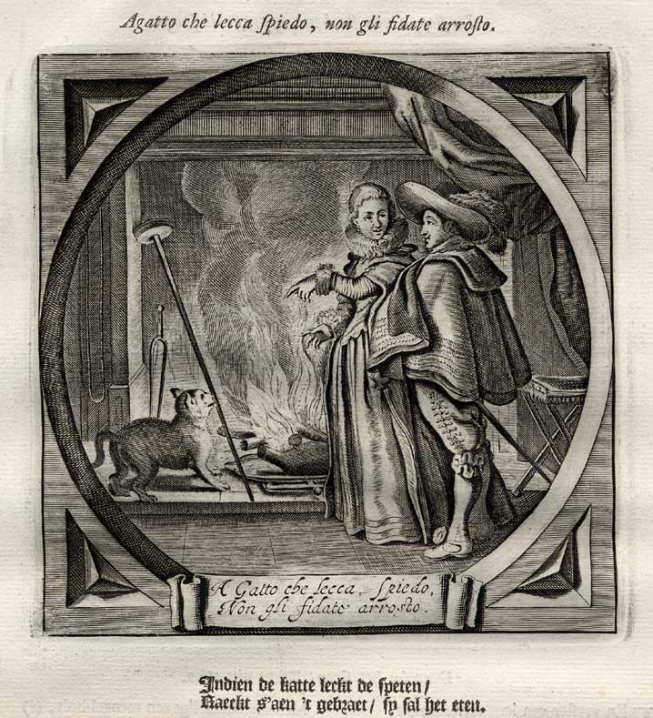 , Antique Print-Emblem-Satirical-Proverb-VIRGIN-VIRGINITY-CAT-Venne-Cats-1655, Pictura Antique Prints