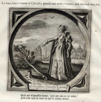 Antique Emblem-Satire-Proverb Print-CYPRESS TREE-LOST HONOUR-Venne-Cats-1655