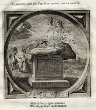 Antique Emblem-Satire-Proverb Print-LOVE-WIND-OATH-FEATHER-Venne-Cats-1655
