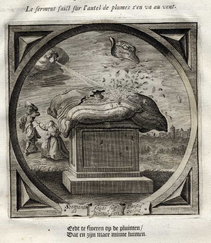 , Antique Emblem-Satire-Proverb Print-LOVE-WIND-OATH-FEATHER-Venne-Cats-1655, Pictura Antique Prints