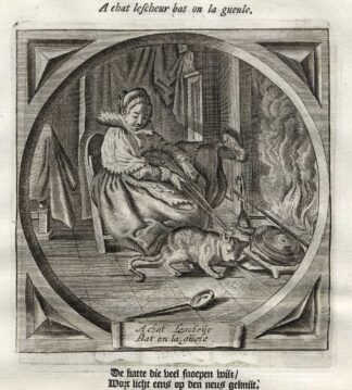 Antique Emblem-Satire-Proverb Print-CAT-PUNISH-MORALS-Venne-Cats-1655