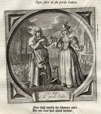Antique Emblem-Satire-Proverb Print-WOMAN-BEAUTY-OLD AGE-ROSE-Venne-Cats-1655