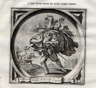 Antique Emblem-Satire-Proverb Print-MAN-WOMAN-BURDEN-Venne-Cats-1655