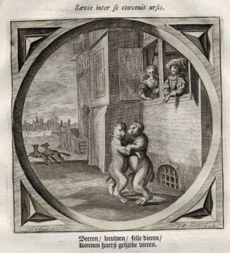 Antique Emblem-Satire-Proverb Print-FIERCE ANIMALS-BEAR-LOVE-Venne-Cats-1655
