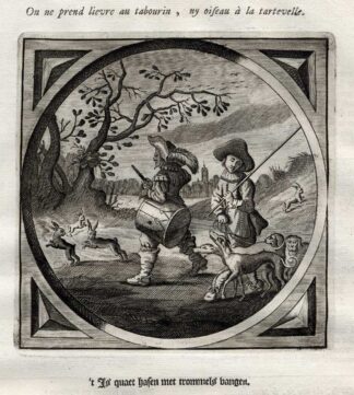 Antique Emblem-Satire-Proverb Print-SILENCE IS GOLD-HARES-DOG-Venne-Cats-1655
