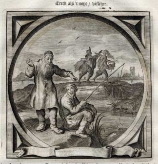 Antique Emblem-Satire-Proverb Print-SEIZE OPPORTUNITY-FISHING-Venne-Cats-1655