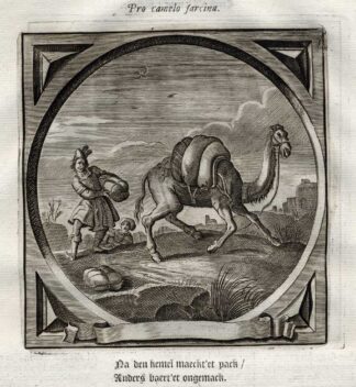 Antique Emblem-Satire-Proverb Print-CARRY-BURDEN-LOAD-CAMEL-Venne-Cats-1655
