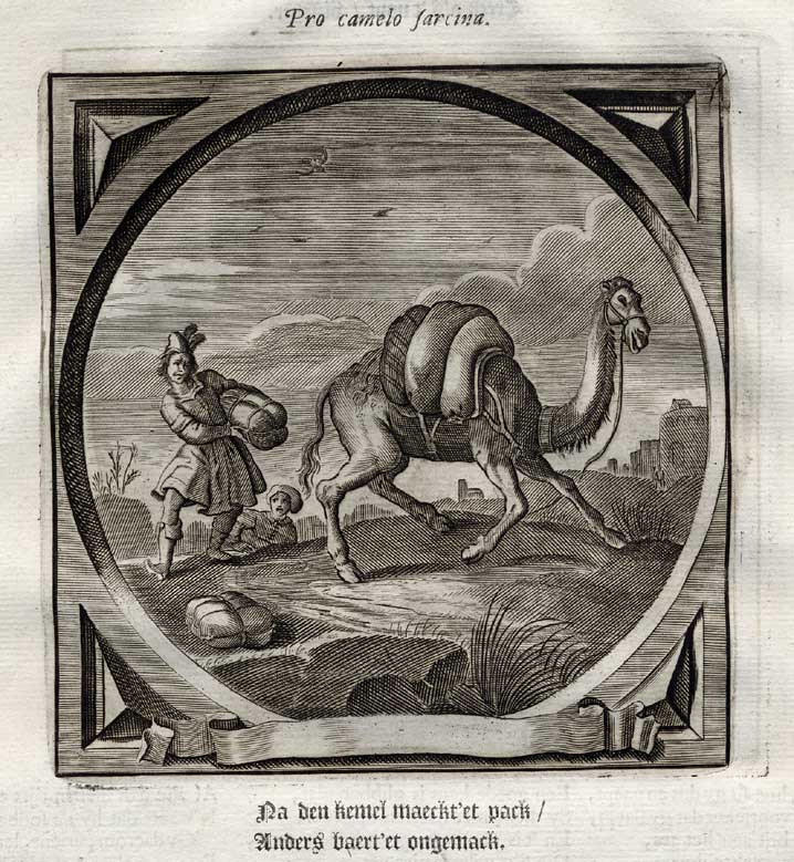 , Antique Emblem-Satire-Proverb Print-CARRY-BURDEN-LOAD-CAMEL-Venne-Cats-1655, Pictura Antique Prints