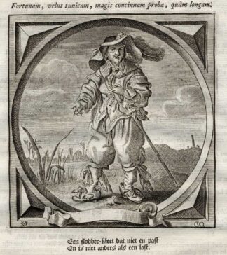 Antique Emblem-Satire-Proverb Print-TOO MUCH-FITTING CLOTHES-Venne-Cats-1655