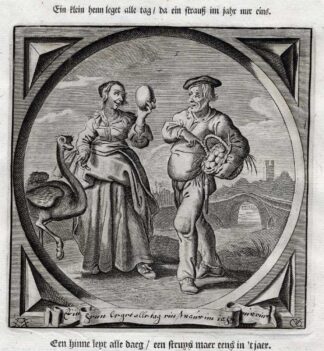 Antique Emblem-Satire-Proverb Print-FALSE APPEARANCE-OSTRICH-EGG-Venne-Cats-1655
