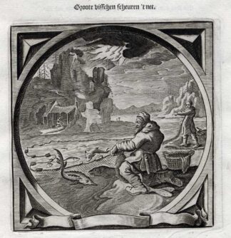 Antique Emblem-Satire-Proverb Print-FISHING-NET-TOO MUCH-Venne-Cats-1655