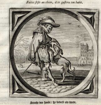 Antique Emblem-Satire-Proverb Print-AFFECTION-DOG-LOVE-Venne-Cats-1655