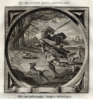 Antique Emblem-Satire-Proverb Print-ENOUGH-CATCHING HARES-DOG-Venne-Cats-1655