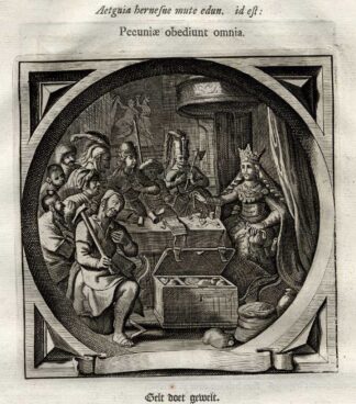 Antique Emblem-Satire-Proverb Print-MONEY MASTERS ALL THINGS-Venne-Cats-1655