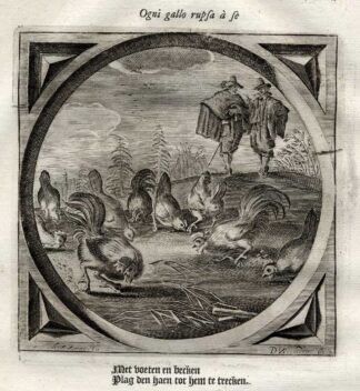Antique Emblem-Satire-Proverb Print-EVERYONE FOR HIMSELF-ROOSTER-Venne-Cats-1655