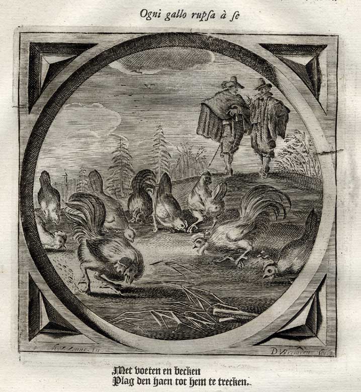 , Antique Emblem-Satire-Proverb Print-EVERYONE FOR HIMSELF-ROOSTER-Venne-Cats-1655, Pictura Antique Prints