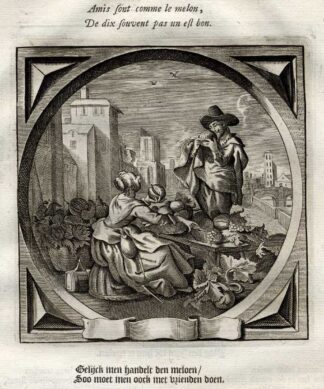 Antique Emblem-Satire-Proverb Print-FRIENDSHIP-MELON-FRIEND-Venne-Cats-1655