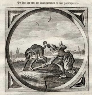 Antique Emblem-Satire-Proverb Print-FRIENDSHIP-NEED-DOG-BONE-Venne-Cats-1655