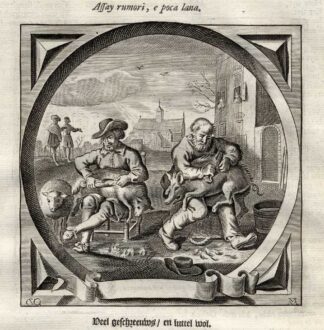Antique Emblem-Satire-Proverb Print-GREAT CRY LITTLE WOOL-Venne-Cats-1655