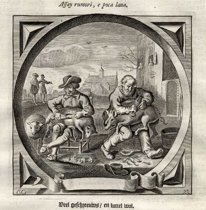 Cats20235 416x424 Antique Emblem-Satire-Proverb Print-GREAT CRY LITTLE WOOL-Venne-Cats-1655