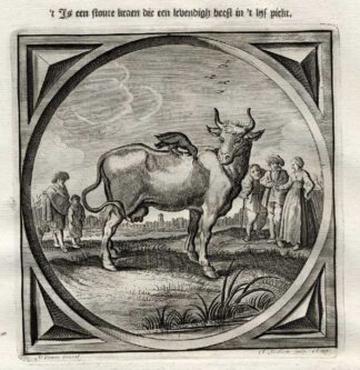 Antique Satire Print-INHERITANCE-CROW-COW-Cats-1655