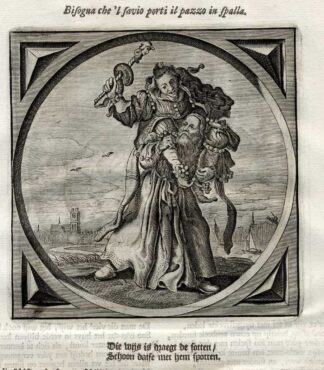 Antique Satire Print-WISE MAN CARRYING FOOL-Cats-1655