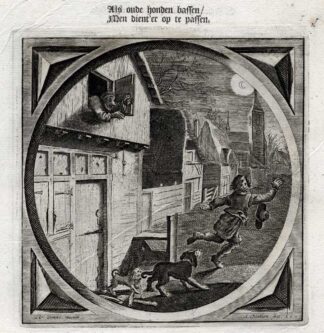 Antique Satire Print-OLD AGE-WISDOM-DOG-THIEF-Cats-1655