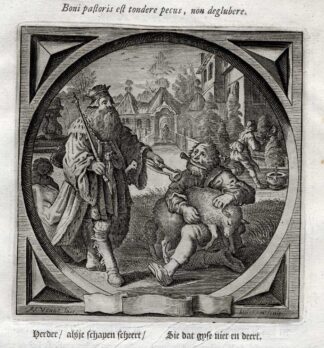 Antique Satire Print-CARE-SHEEP-SHEARER-Cats-1655